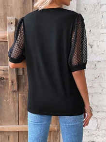 SHEIN LUNE Contrast Lace Puff Sleeve Tee - Black - View 2