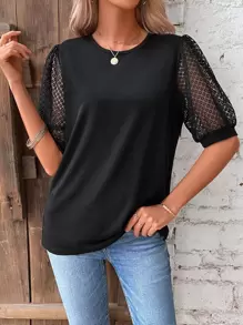 SHEIN LUNE Contrast Lace Puff Sleeve Tee - Black - View 7