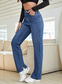 High Waist Straight Leg Jeans - Dark Wash - View 4