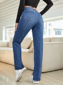 High Waist Straight Leg Jeans - Dark Wash - View 2
