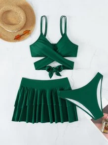 單色比基尼套裝圍裹後綁帶吊帶上衣和露臀和多層沙灘半身裙3入組泳裝 - 墨綠色 - 查看 3