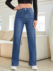 High Waist Straight Leg Jeans - Dark Wash - View 3