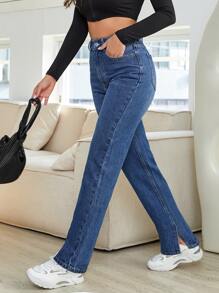 High Waist Straight Leg Jeans - Dark Wash - View 1