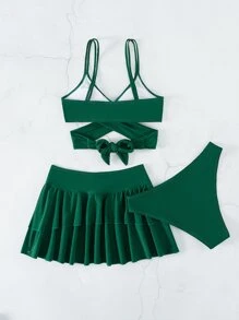 單色比基尼套裝圍裹後綁帶吊帶上衣和露臀和多層沙灘半身裙3入組泳裝 - 墨綠色 - 查看 2
