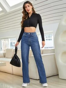 High Waist Straight Leg Jeans - Dark Wash - View 5