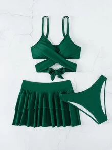 單色比基尼套裝圍裹後綁帶吊帶上衣和露臀和多層沙灘半身裙3入組泳裝 - 墨綠色 - 查看 6