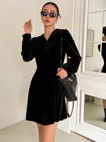 DAZY Ruched Front A-line Dress - Black - View 3