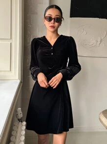 DAZY Ruched Front A-line Dress - Black - View 5