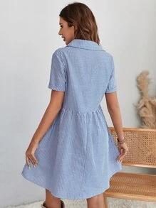 SHEIN LUNE Đầm Nút phía trước Sọc Giải trí - Màu xanh lam - Xem 5