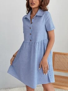 SHEIN LUNE Đầm Nút phía trước Sọc Giải trí - Màu xanh lam - Xem 2