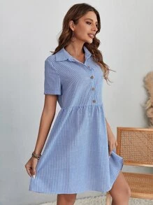 SHEIN LUNE Đầm Nút phía trước Sọc Giải trí - Màu xanh lam - Xem 3