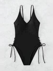 Lace Up Side One Piece Swimsuit, For Summer Beach Vacation - Black - View 5