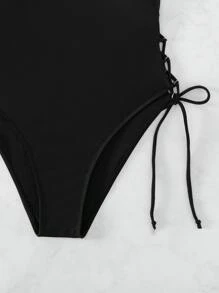 Lace Up Side One Piece Swimsuit, For Summer Beach Vacation - Black - View 6
