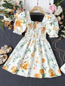 女孩印花泡泡袖褶邊洋裝 - 米色 - 查看 2