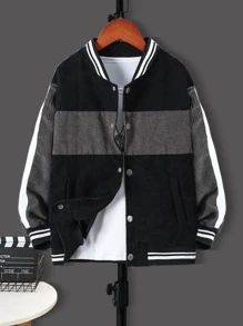 Boys Colourblock Striped Trim Corduroy Varsity Jacket Without Tee - Multicolor - View 1