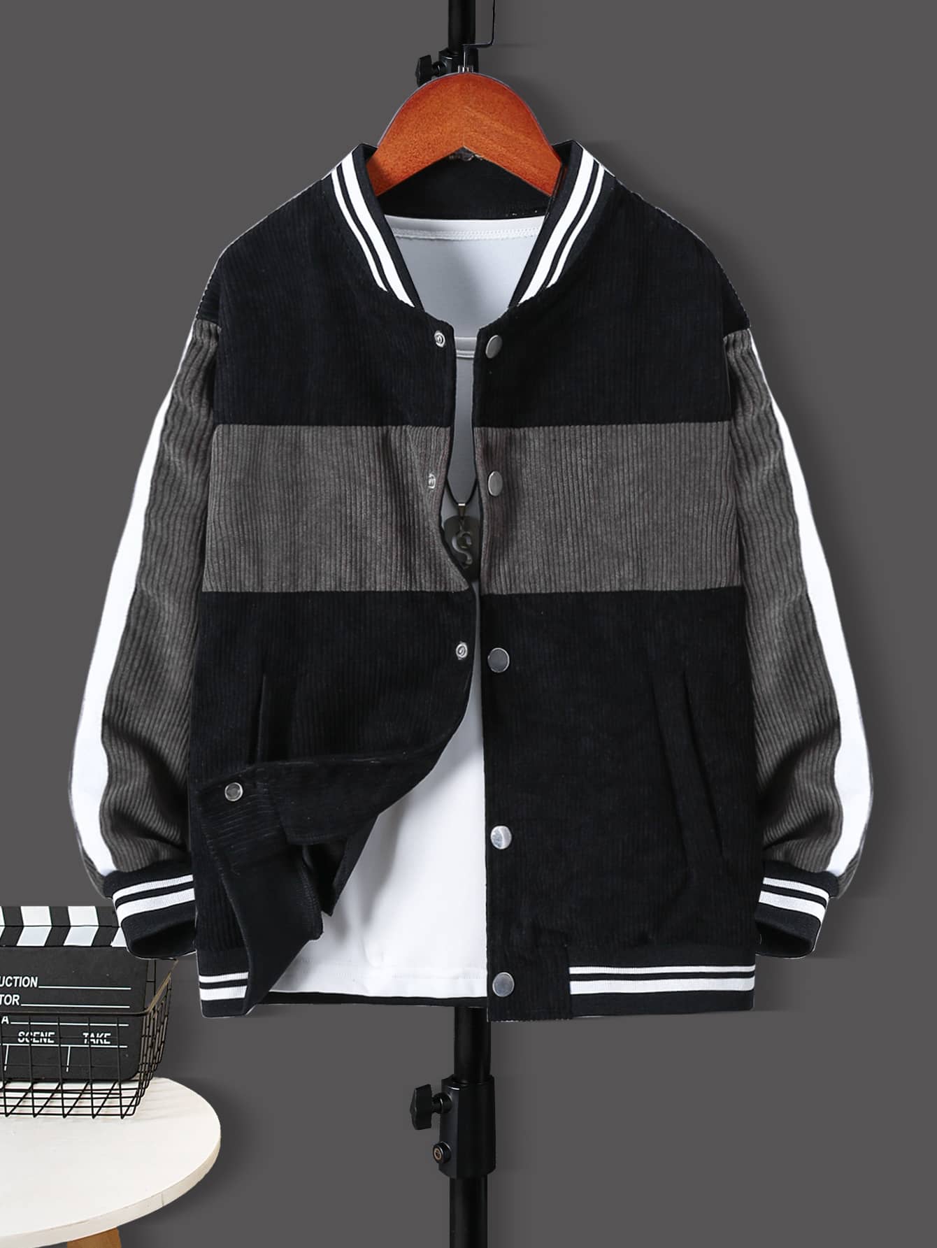 Boys Colourblock Striped Trim Corduroy Varsity Jacket Without Tee - Multicolor - View 1