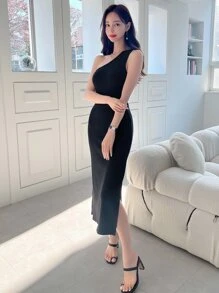 DAZY One Shoulder Split Hem Dress - Black - View 1