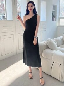 DAZY One Shoulder Split Hem Dress - Black - View 3