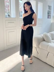 DAZY One Shoulder Split Hem Dress - Black - View 4