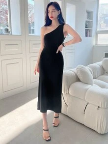 DAZY One Shoulder Split Hem Dress - Black - View 6