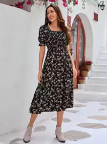 SHEIN Clasi 1pc Floral Print Square Neck Flounce Sleeve Dress - Multicolor - View 3