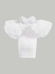 SHEIN MOD Off Shoulder Exaggerated Ruffle Trim Ruched Mesh Bodycon Dress - White - View 2