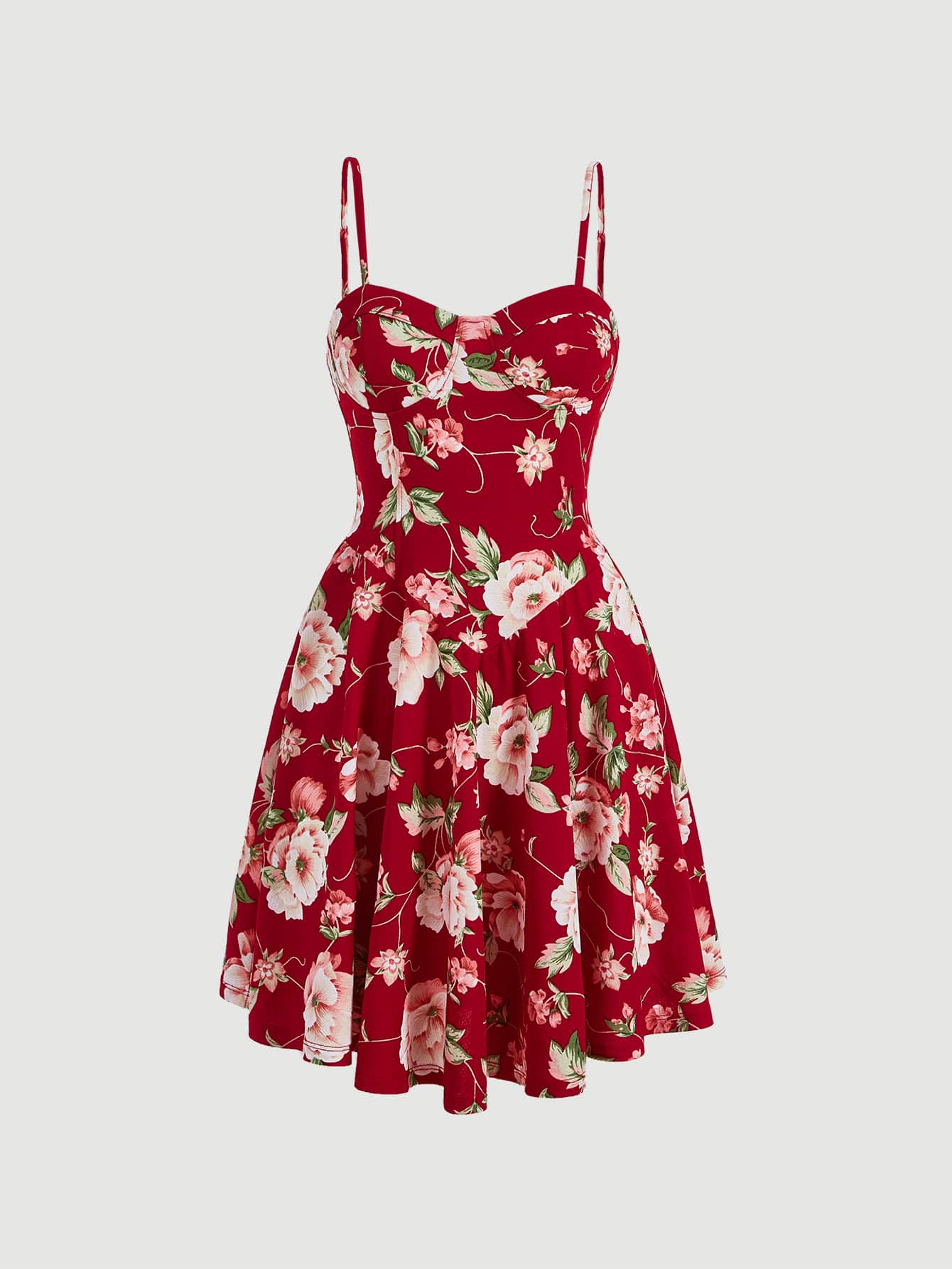 SHEIN MOD 印花荷葉邊吊帶連衣裙 - 紅色 - 查看 1