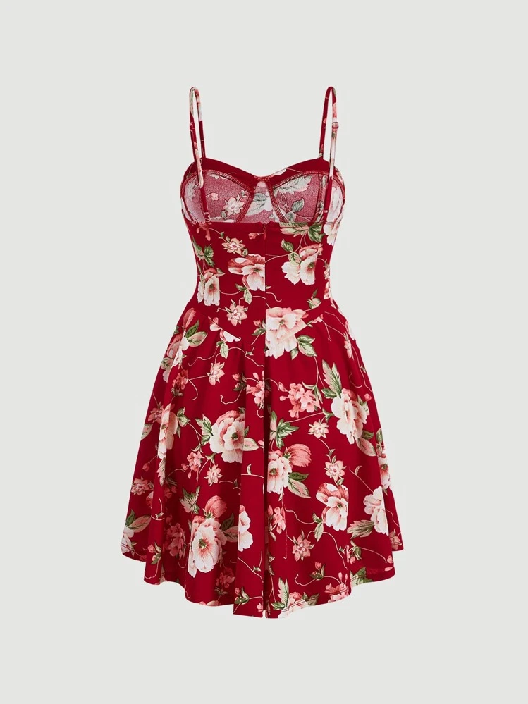 SHEIN MOD Floral Print Ruffle Hem Cami Dress - Red - View 2