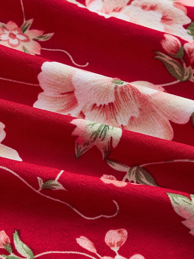 SHEIN MOD Floral Print Ruffle Hem Cami Dress - Red - View 4