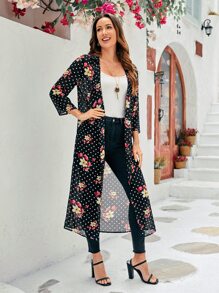 EMERY ROSE Polka Dot & Floral Print Open Front Chiffon Coat - Multicolor - View 2