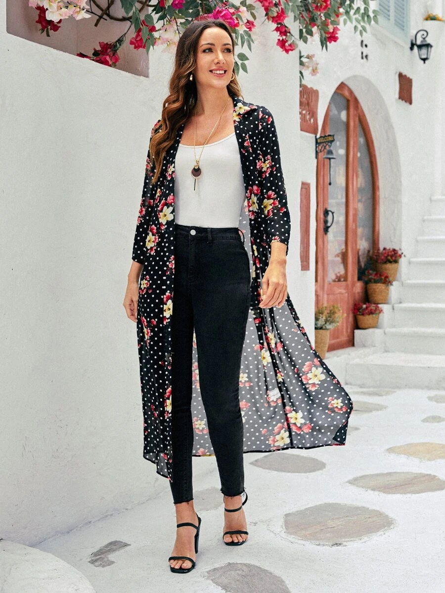 EMERY ROSE Polka Dot & Floral Print Open Front Chiffon Coat - Multicolor - View 1