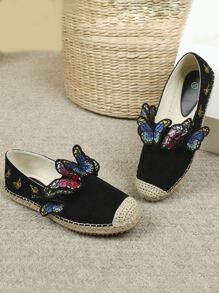 Butterfly Embroidered Espadrille Flats - Black - View 1