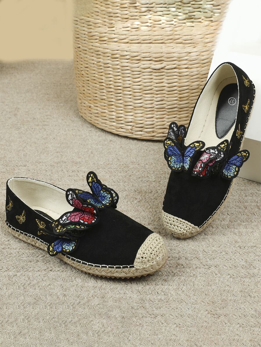 Butterfly Embroidered Espadrille Flats - Black - View 1