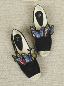 Butterfly Embroidered Espadrille Flats - Black - View 4