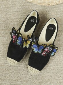 Butterfly Embroidered Espadrille Flats - Black - View 6
