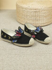 Butterfly Embroidered Espadrille Flats - Black - View 7