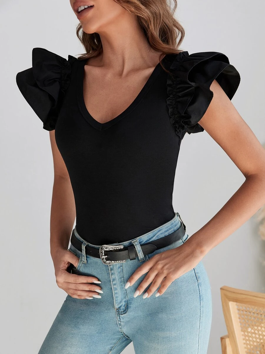 SHEIN Clasi Áo thun nữ Xù phân lớp màu trơn Giải trí - màu đen - Xem 1