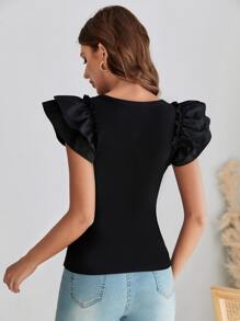 SHEIN Clasi Áo thun nữ Xù phân lớp màu trơn Giải trí - màu đen - Xem 2