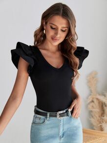 SHEIN Clasi Áo thun nữ Xù phân lớp màu trơn Giải trí - màu đen - Xem 4