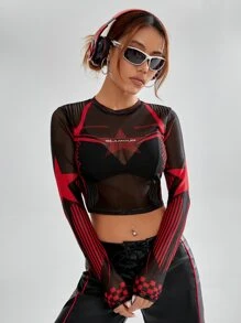 SHEIN Coolane Bikercore Top con estampado de rayas y estrella crop de malla sin sujetador - Negro - Ver 3