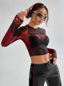 SHEIN Coolane Bikercore Top con estampado de rayas y estrella crop de malla sin sujetador - Negro - Ver 1
