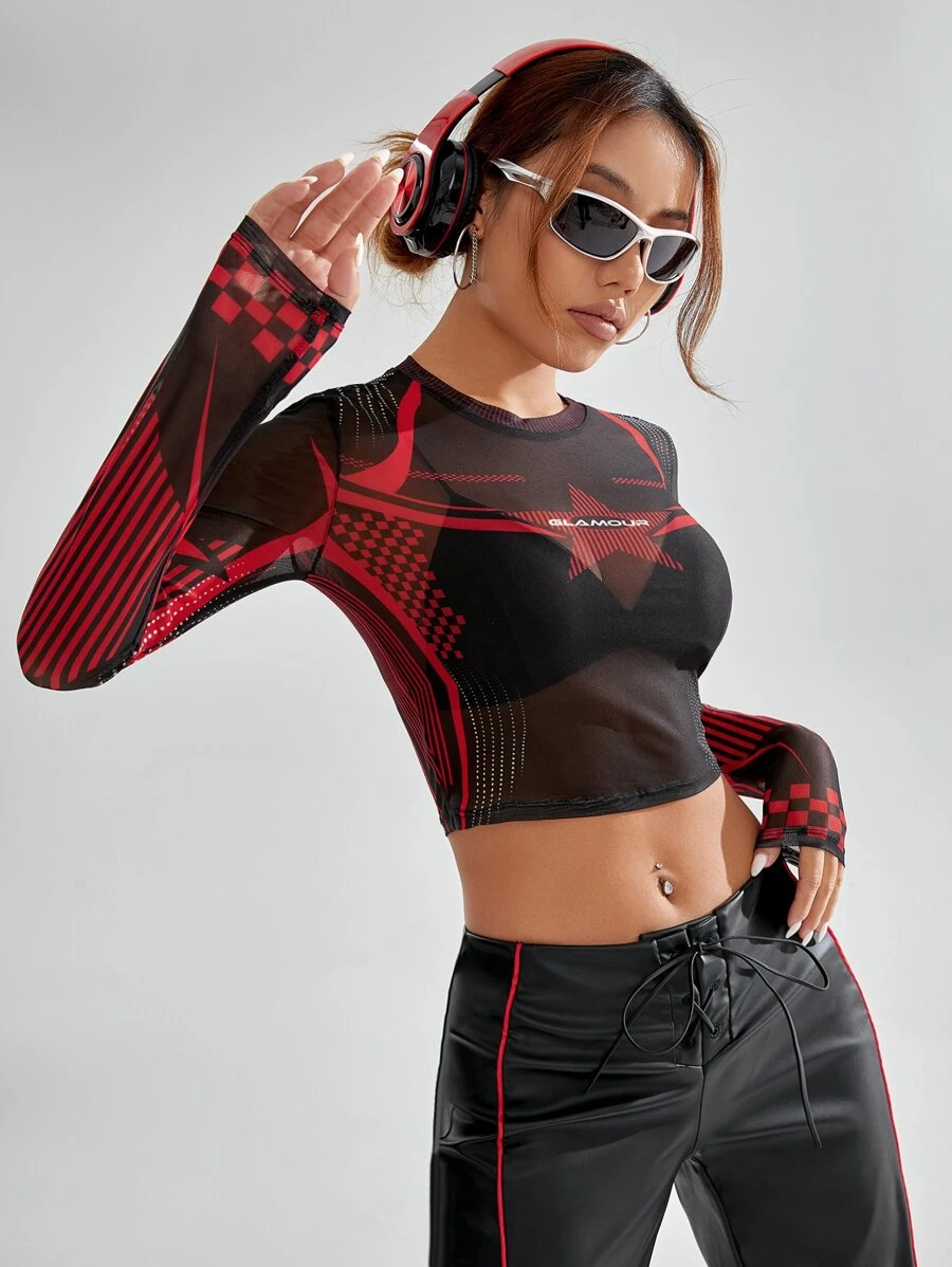 SHEIN Coolane Bikercore Top con estampado de rayas y estrella crop de malla sin sujetador - Negro - Ver 1