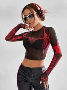SHEIN Coolane Bikercore Top con estampado de rayas y estrella crop de malla sin sujetador - Negro - Ver 5