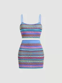 SHEIN MOD Geo Pattern Crop Cami Top & Bodycon Skirt - Blue - View 1