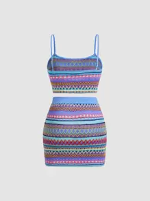 SHEIN MOD Geo Pattern Crop Cami Top & Bodycon Skirt - Blue - View 2