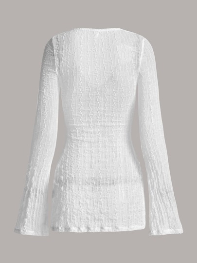 SHEIN ICON Bell Sleeve Tie Front Textured Sheer Top