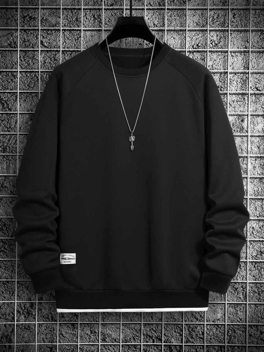 Manfinity Homme Loose Fit Men's Letter Patched Raglan Sleeve Contrast Trim Sweatshirt - Black - View 1