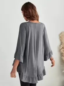 SHEIN LUNE Batwing Sleeve Ruffle Hem Open Front Coat - Dark Grey - View 2