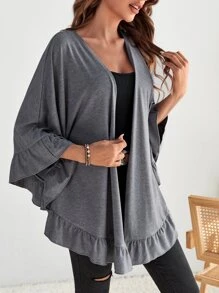 SHEIN LUNE Batwing Sleeve Ruffle Hem Open Front Coat - Dark Grey - View 4