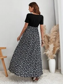 SHEIN VCAY 碎花高衩繫腰帶連衣裙 - 彩色 - 查看 2